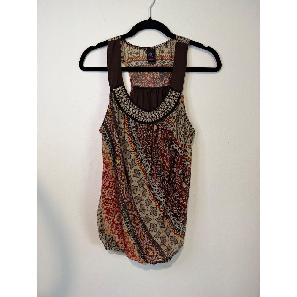 Wrapper Womens Medium Boho Mixed Print Beaded Racerback Bubble Hem Tank Top